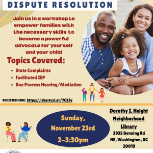 In person Parent Training on Dispute Resolution in the IDEA context November 23rd.
